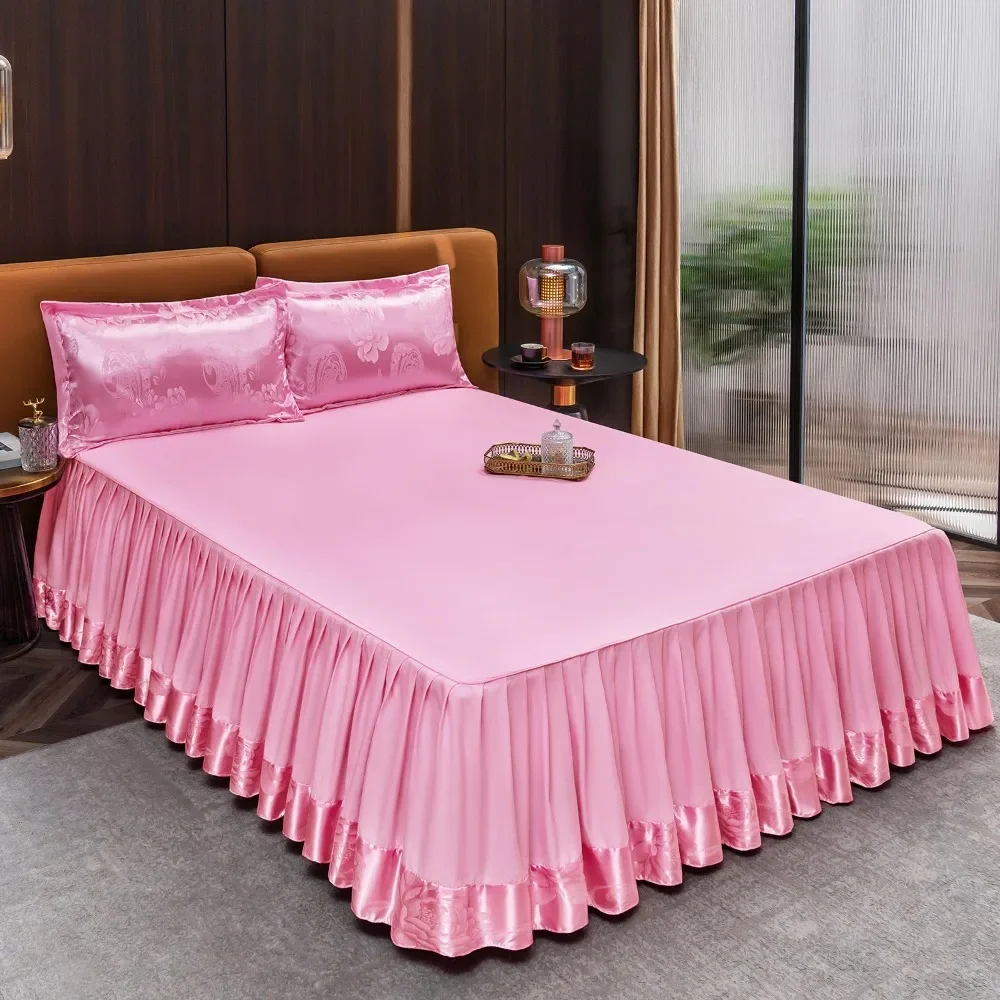 

Nordic Luxury Satin Bed Skirt Double Single Queen Size Bedspreads Jacquard Mattress Protecto Pink Bed Skirts（No Pillowcase）