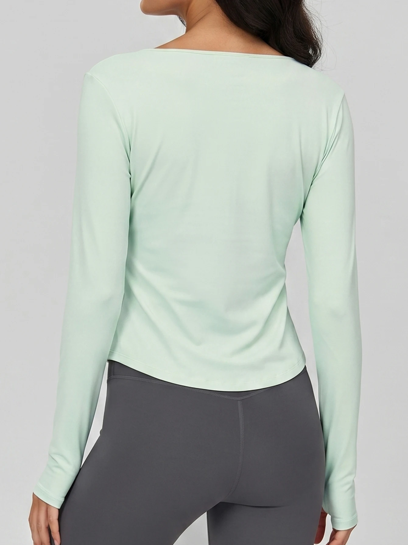 Women Long Sleeve Yoga Top Small V Neck Waist Ruched Slim Fit Workout Shirts Thumb Hole Curved Hem Sports T-Shirt Gym Running Fi