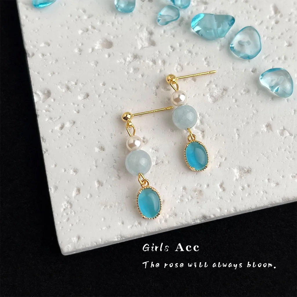 Pendientes de ojo de gato de cristal a la moda, pendientes colgantes de Aguamarina hechos a mano de estilo francés Vintage para mujer