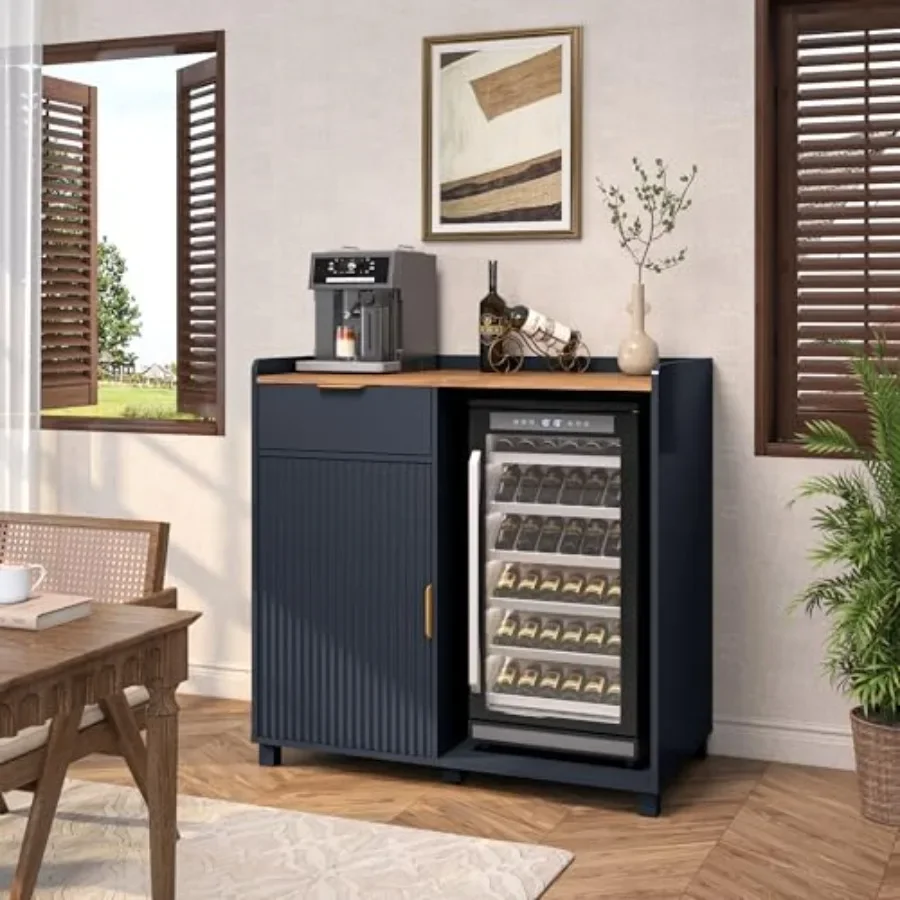 Bar cabinet with fridge space and fluted door in walnut finish for modern home bars, featuring premium wood veneer, sleek black - view 5