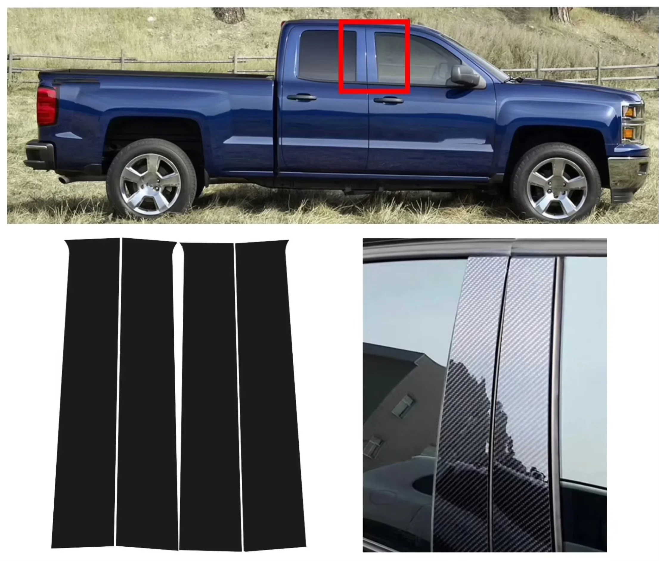 Complete 4PCS High Gloss Black Carbon Fiber B & C Pillar Cover Set For Chevrolet Silverado MK3 2014-2018 OE Style