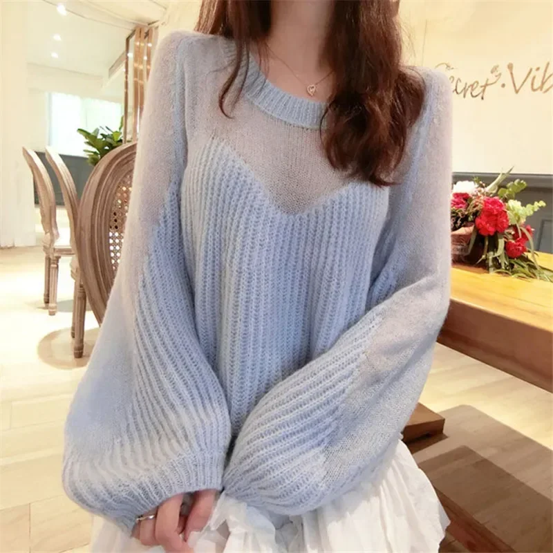 Women Fashion Thin Soft Knitted Sweater Lantern Sleeve Hollow Loose Casual Pullover O Neck Red White Blue Pink Knit Tops Jumper