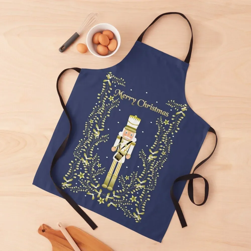 

Merry Christmas White and Gold Nutcracker vintage greeting card style design blue background Apron Women Kitchen Apron