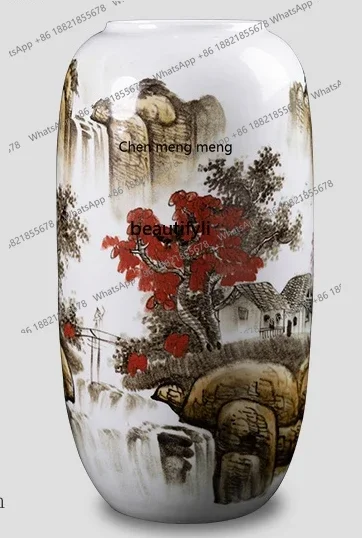 D178 Jingdezhen Ceramic Vase Hand Painted Landscape Flower Arrangement Floor New Chinese Calligraphy and Painting Ornaments Gath