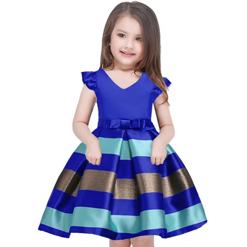 New Girls' Striped Small Flying Sleeve Bow Knot Colored Dress Birthday Party Wedding Flower Boy Sweet and Cute Dress