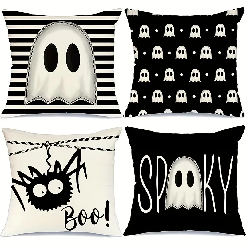 45x45cm Spooky Halloween Pillow Covers Linen Fabric Striped Polka Dots Ghost Spider Boo Design Throw Pillowcases Room Decoration