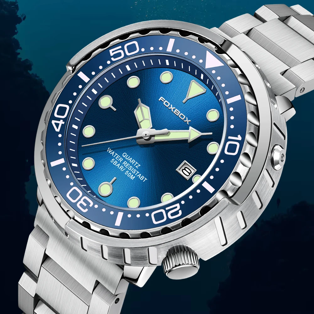 FOXBOX Mode Mann Uhr Einfache Casual Sport Edelstahl Band Uhr Leuchtende Wasserdichte Auto Kalender Quarz Uhren für Männer