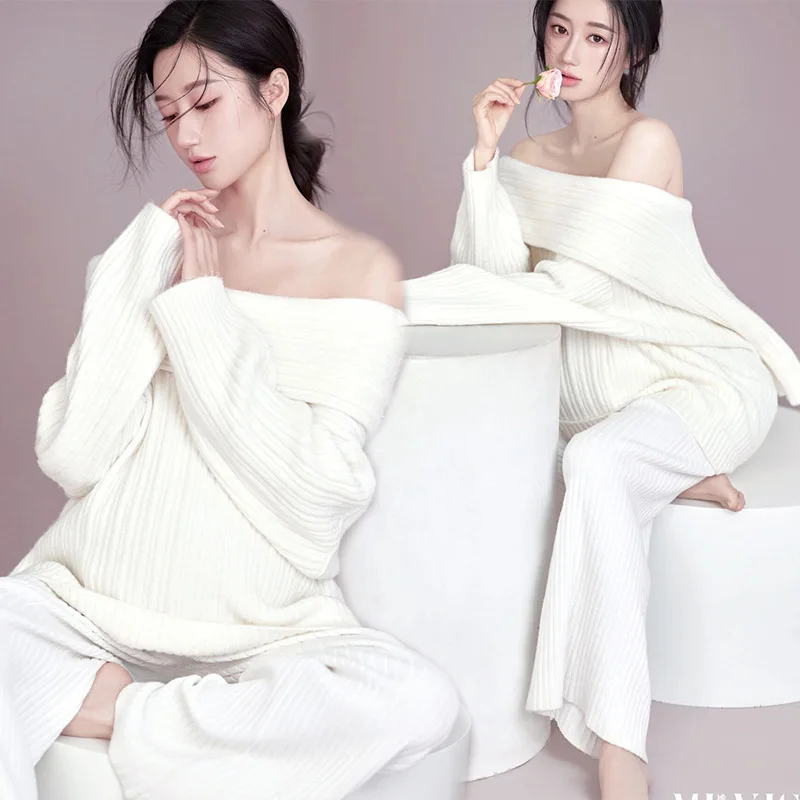 Women Photography Props Maternity White Knitted Off-shoulder Sweaters Pants 2pcs Pregnancy Elegant Studio Shooting Photo Clothes