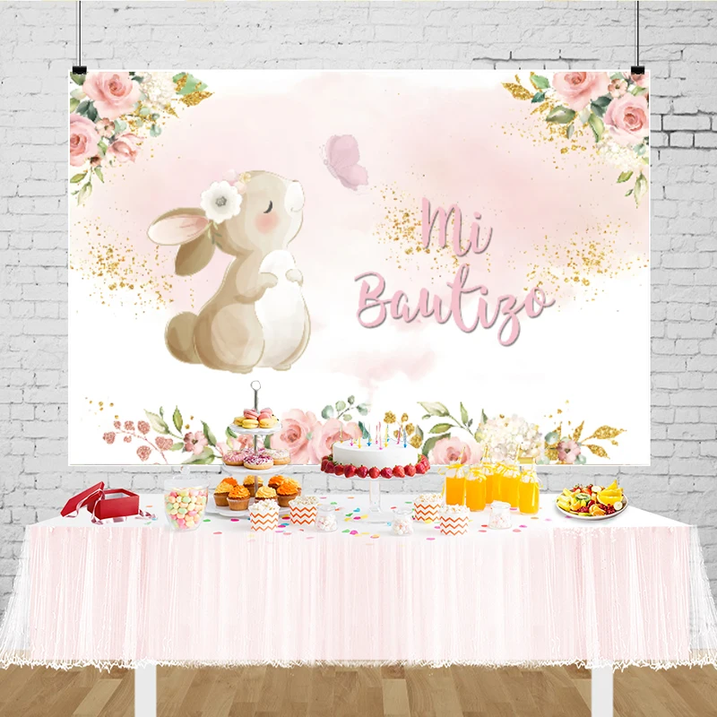 Mi Bautizo Background Pink Flower Bunny Rabbit My Christening Decorations for Girls Boys Party Decor Backdrop Photo Banner Props