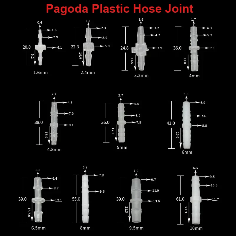 

10/20/50pcs Pagoda Plastic Hose Joint 1.6 2.4 3.2 4 4.8 5.6 6.4 8 9.5 10 mm Straight Type Accessories Pipe Hose Connectors