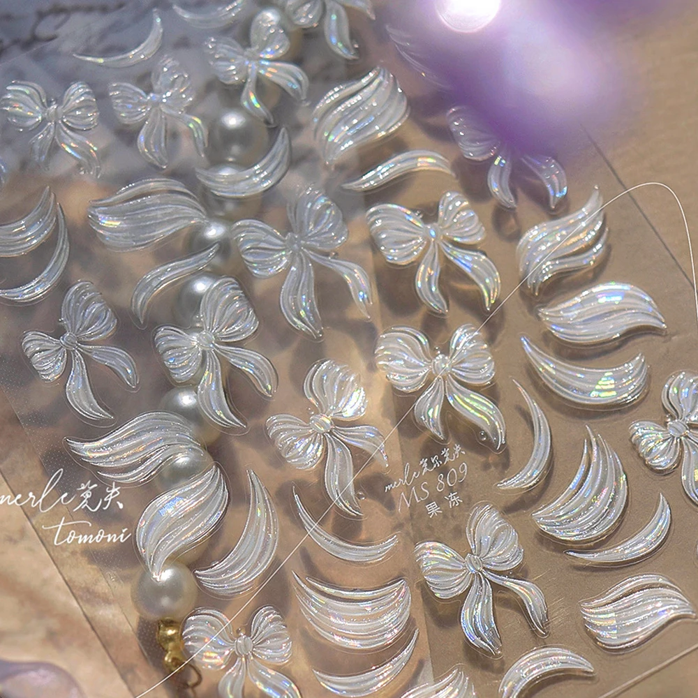 Glänzende große weiße Schleife Seidenband Jelly Bow Arc Sparkle Illusion Romantische 5D Nail Art Aufkleber Selbstklebende Maniküre Aufkleber