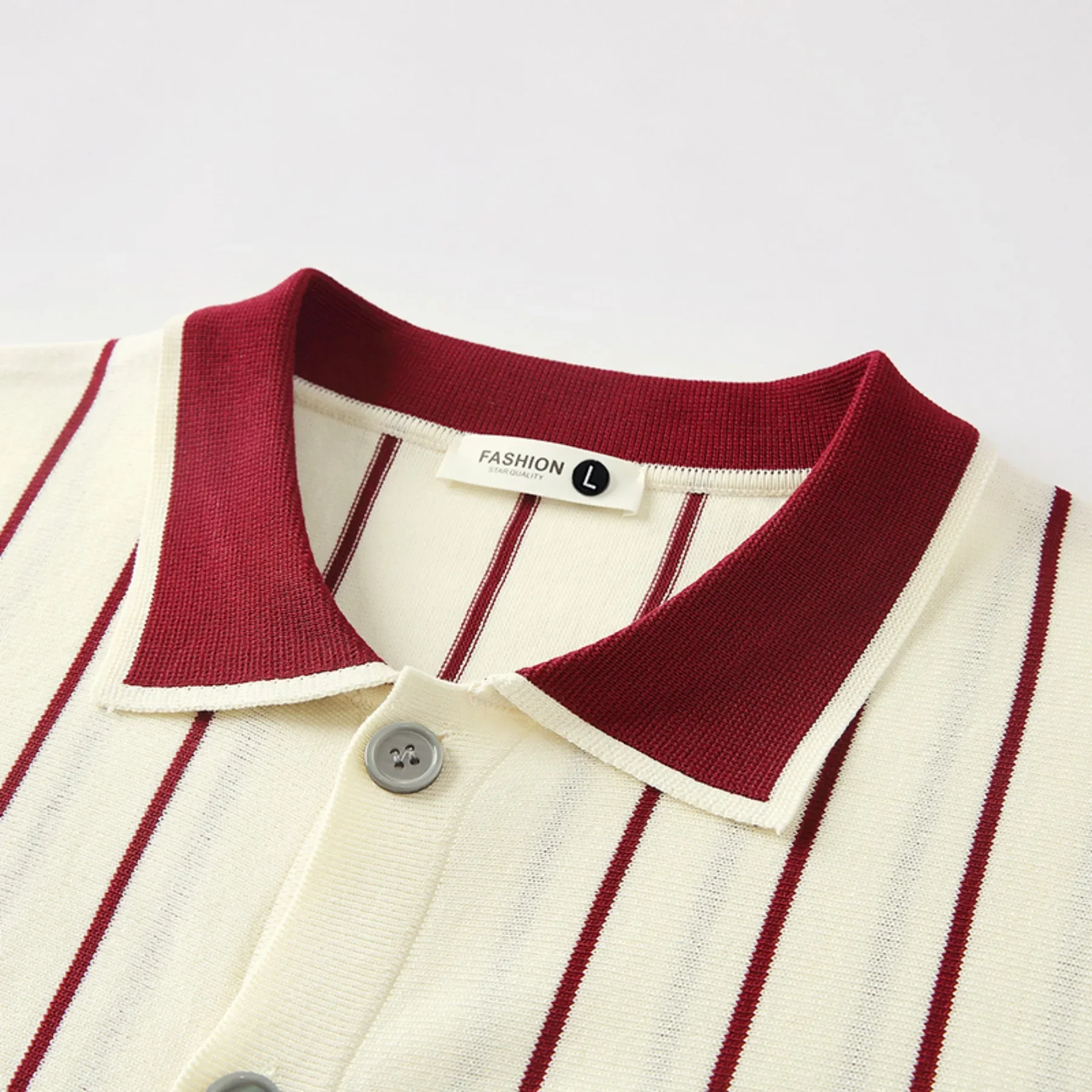 Men's Summer Two-Tone Striped Casual Knit Polo Shirt, Lapel Short Sleeve Cardigan Top, Stylish Business Knit Sweater view 6
