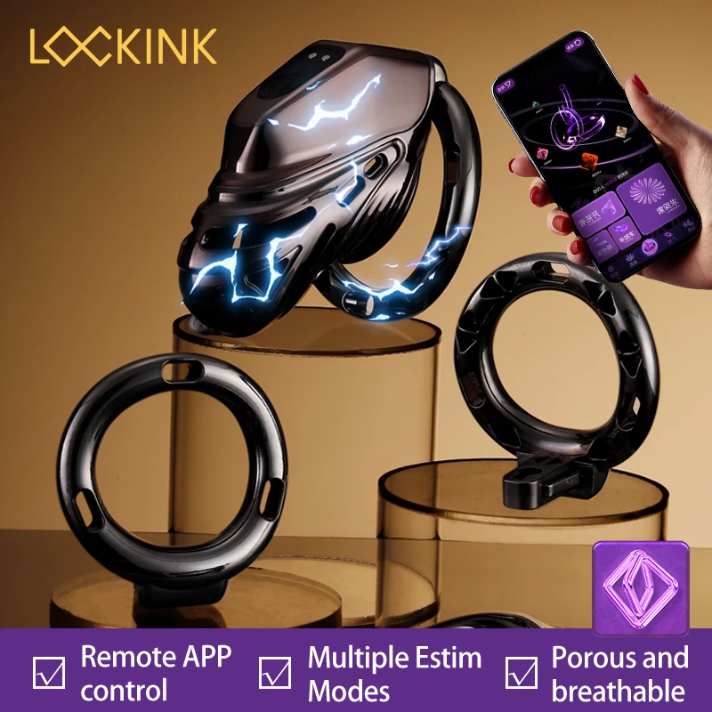 LOCKINK Remote Control Electric Shock Male Chastity Cage E-stim Intensities Cock Cage with 4 Active Rings Adult Sex Toys for Men