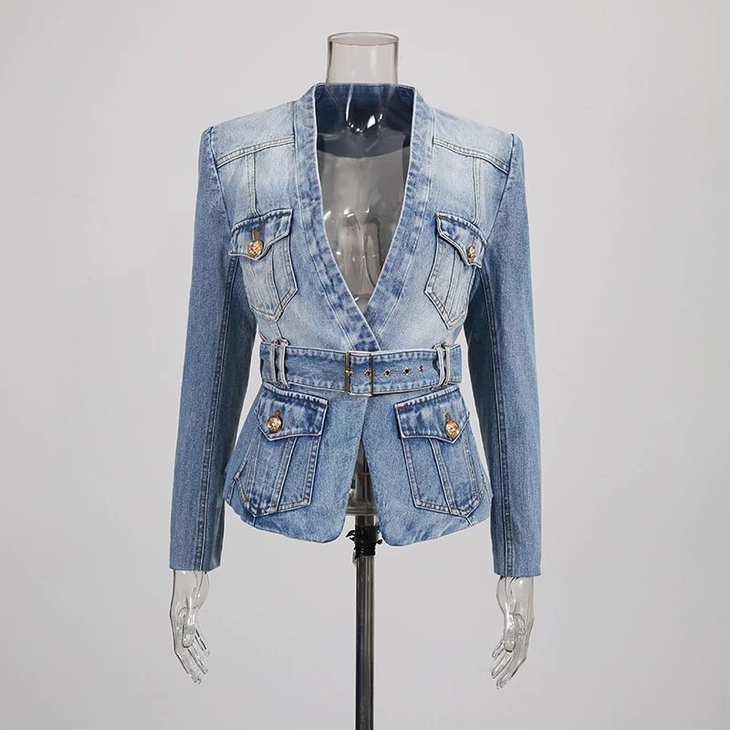 TWOTWINSTYLE Slimming Spliced Belt Fashion Jackets for Women V Neck Long Sleeves Patchwork Pocket Cowboy Jacket Female Clothing