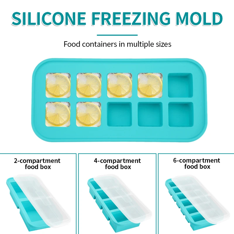 Molde de silicona para congelación, contenedor de alimentos con tapa para sopas, bebidas, hierbas, cubitos de hielo, almacenamiento de cocina reutilizable, seguro para congelador