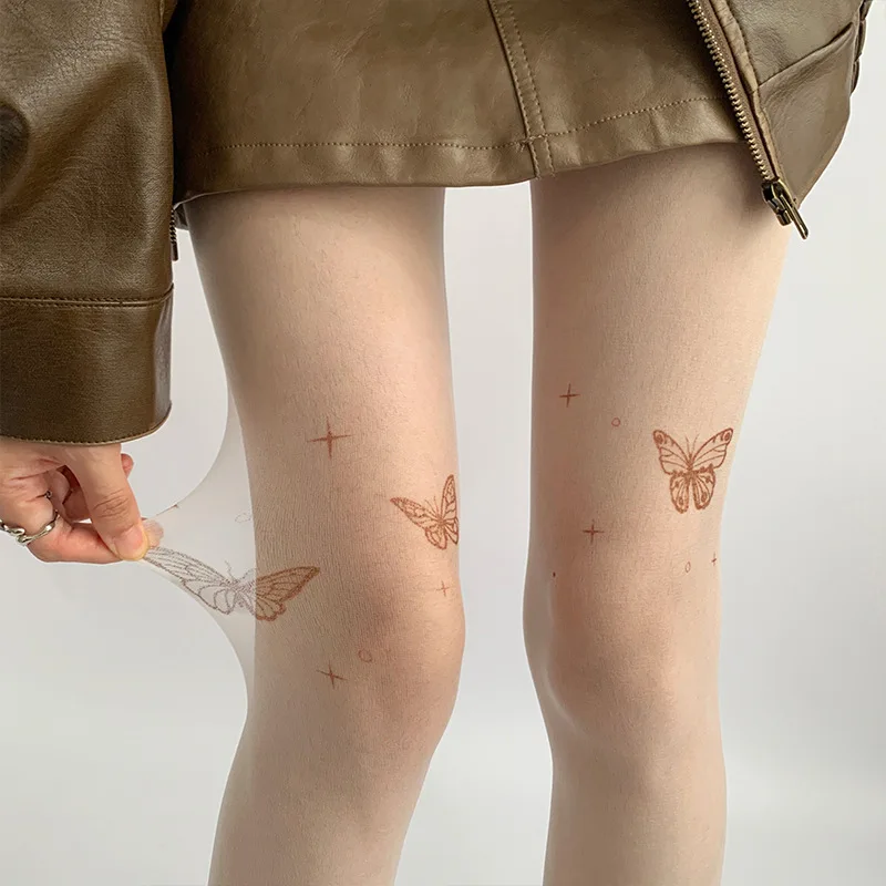 Sexy Butterfly Tights Vintage Y2K Fake Tattoo Butterfly Black Transparent Silk Pantyhose Women Lolita Summer Ultra-thin Stocking image 3