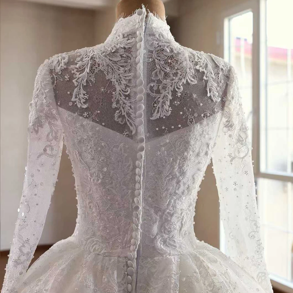 Elegant Lace Bridal Dress Long Sleeves High Neck Button Back A-Line Wedding Gown for Women