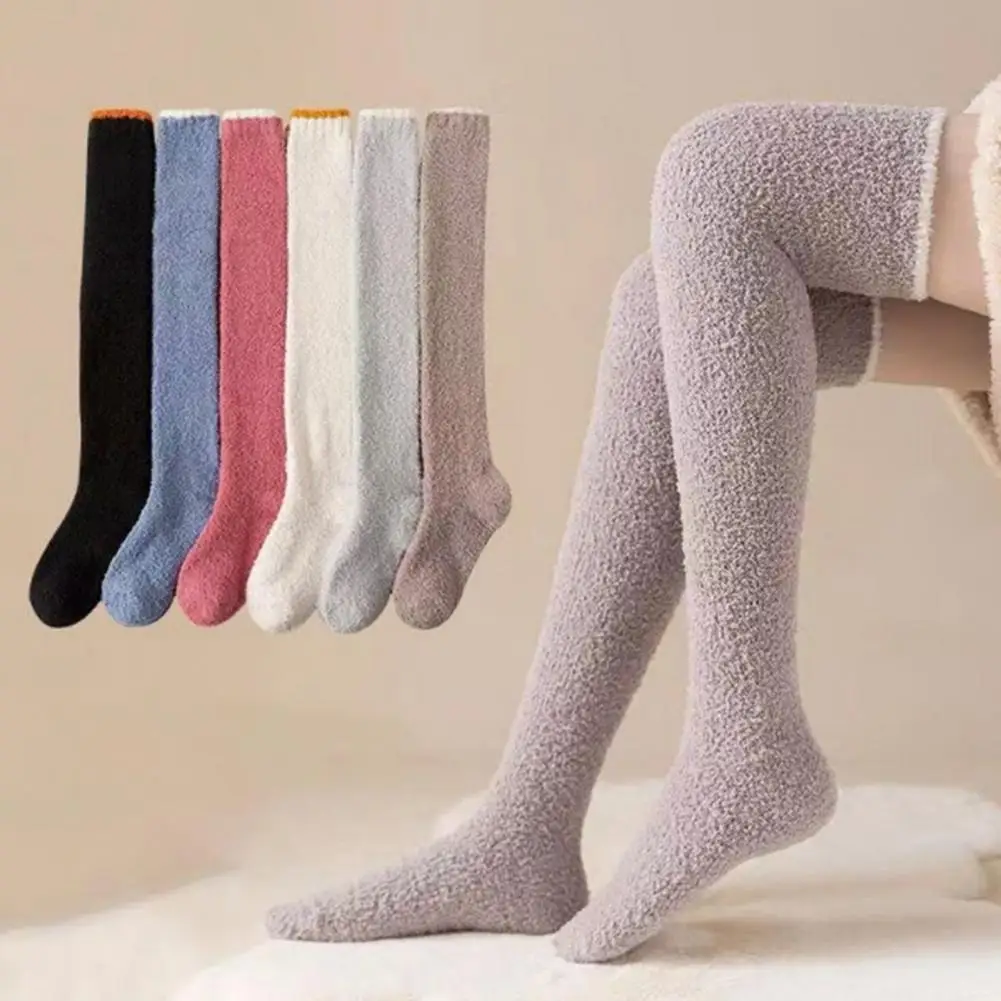 1 Pair Women Leg Warmers Winter Stockings Coral Fleece Knee Scoks Thick Warm Socks Leg Warmers Girls Windproof Thigh High Socks