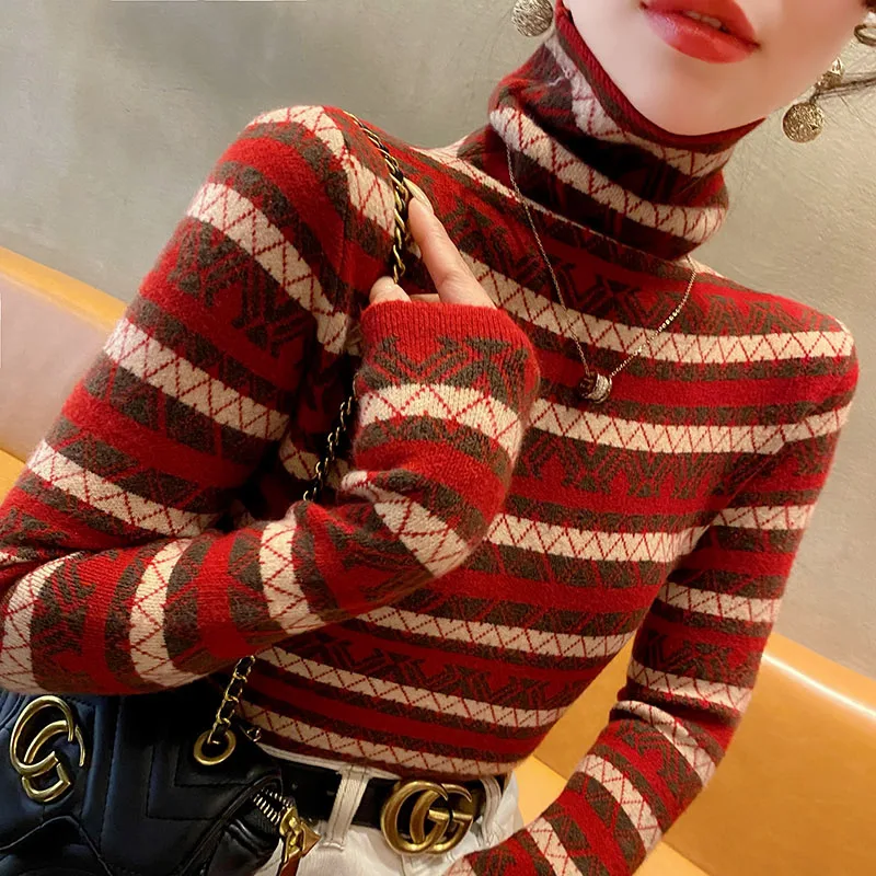 Women Korean Fashion Chic Striped Jacquard Turtleneck Sweaters Office Lady Slim Casual Soft Knitted Tops Spring New Knitwear