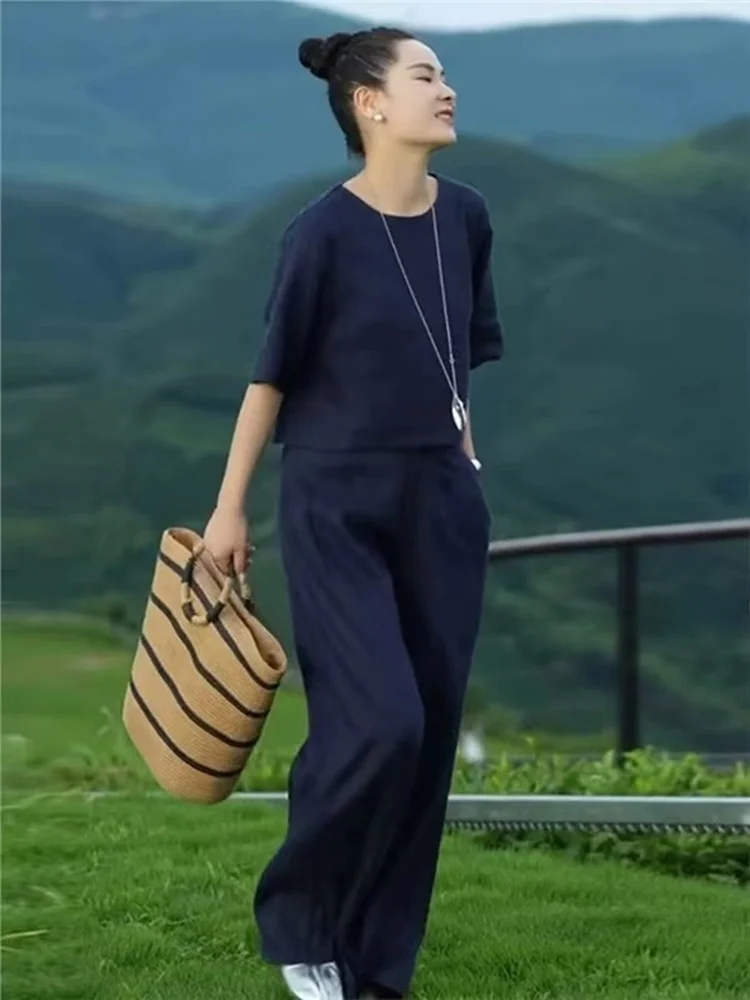 

Elegant Casual Sportswear Set Women's Long Sleeve Wide Leg Pants Two Piece Suite Slimming Top Bottoms Cotton round Neck