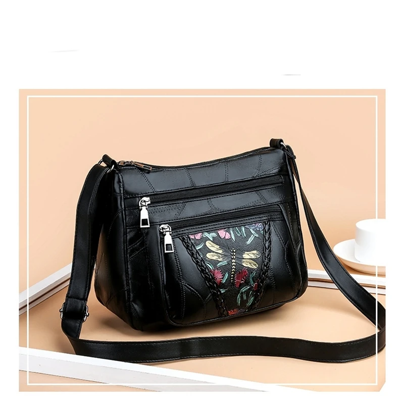 Soft Leather Women Messenger Shoulder Handbags Purses Flowers Multi-pocket Crossbody Mommy Bag Ladies