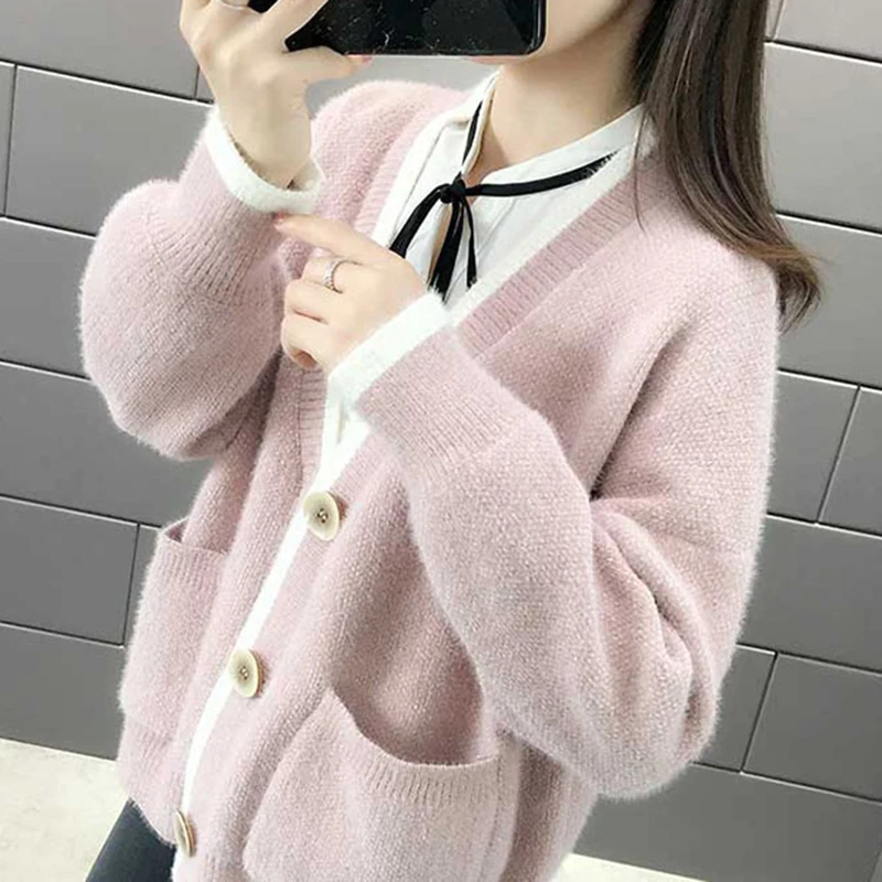 

Mixed Color V Neck Long Sleeve Cardigans Women Korean Single Breasted Pocket Knitting Cardigans Woman All Match Sweater Coats