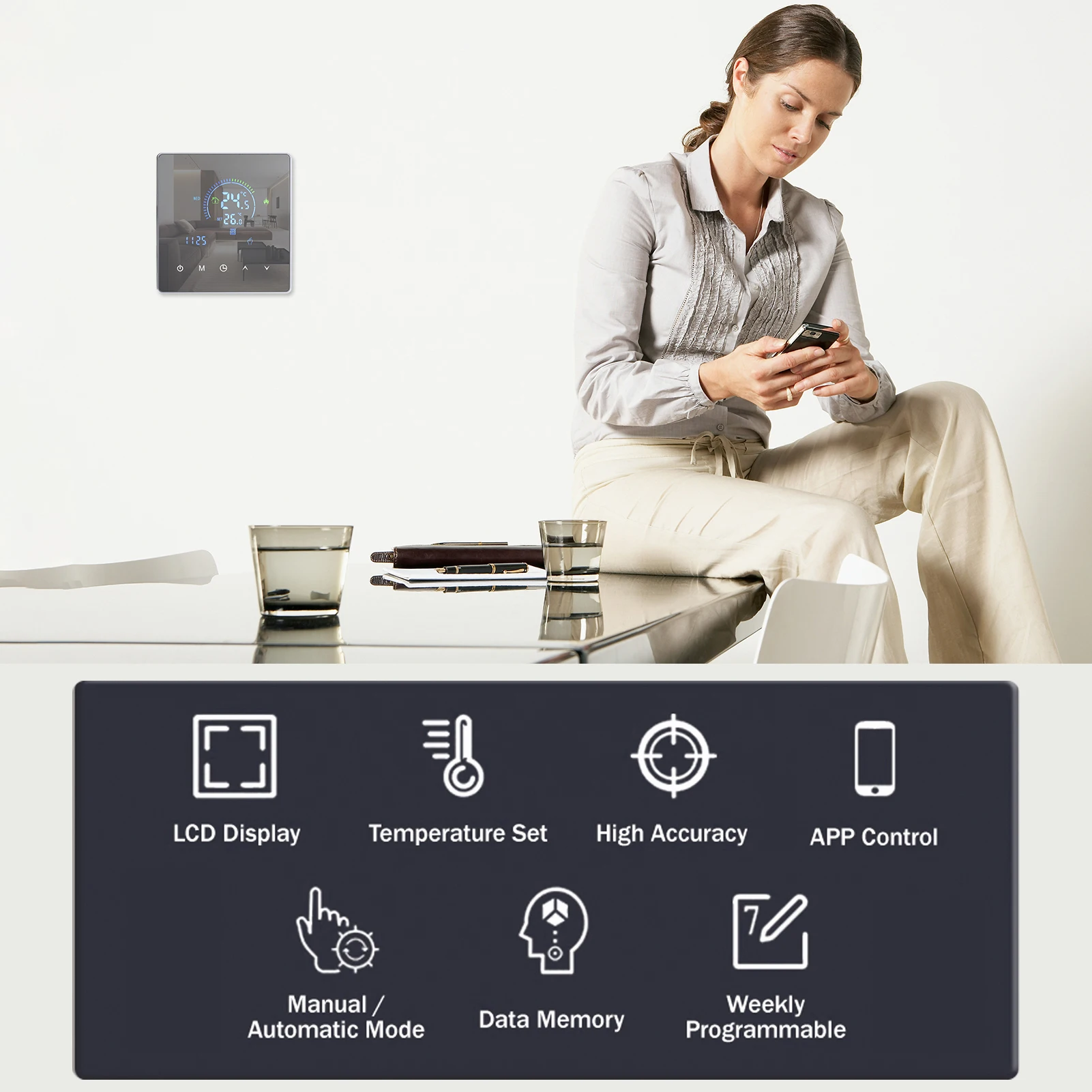 Smart Intelligent Thermostat Temperature Controller LCD Display Touch Button Programmable for Home Office Water Heating 90-240V