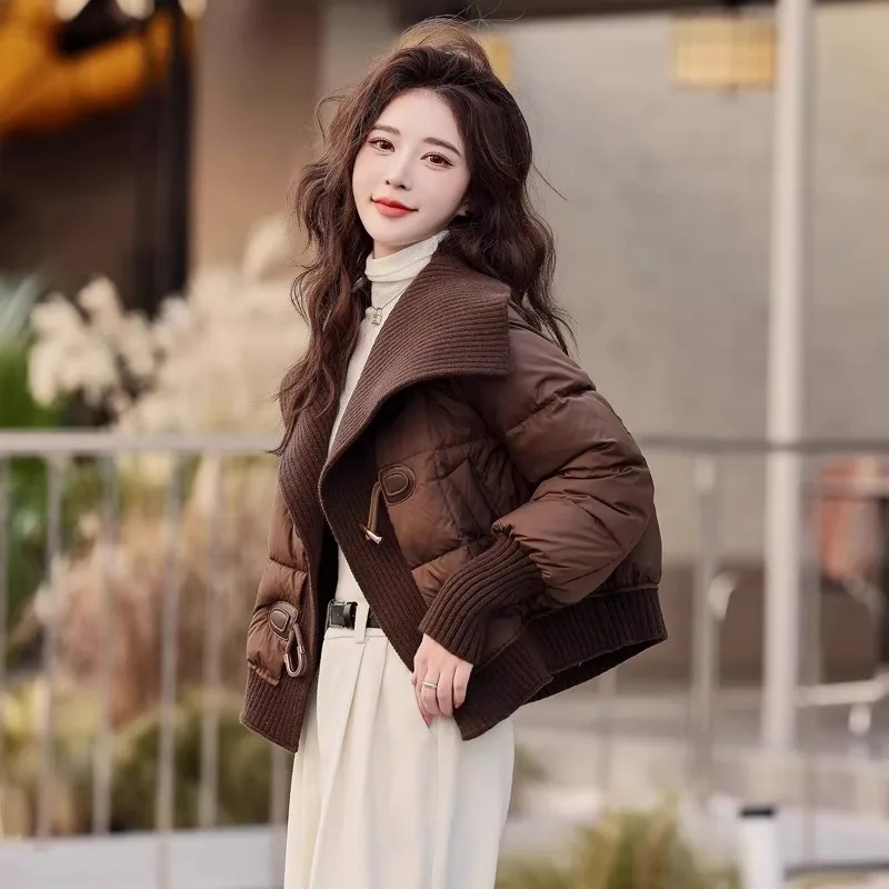 

Women's Knitted Patchwork down Cotton Jaet Winter Coat Faionable Korean Design Button Detail Straight Cut Commute Sle