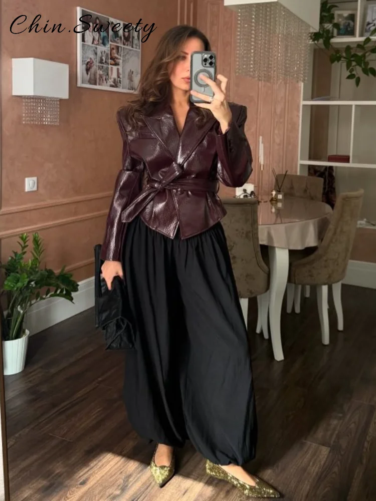 Veste en cuir Vintage à lacets pour femme, Slim, revers solide, manches longues, Chic, vestes de moto, automne 2021, vêtements d'extérieur assortis Y2K