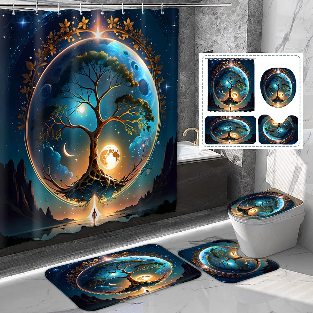 

1 set of polyester shower curtains with sun, moon, life tree, night scene printing, natural style, with plastic hooks and bathro