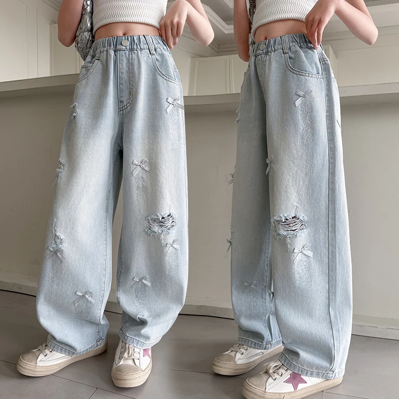 

Kids Child Street Harajuku Heavy Washed Baggy Ripped Jeans with Bows For Tween Girl Light Blue Casual Broken Hole Denim Pants
