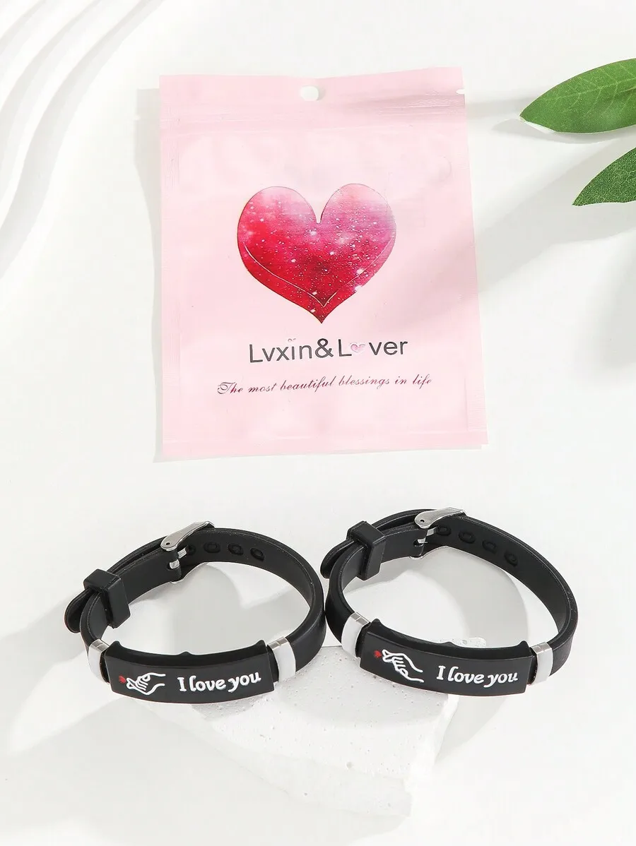 

2pcs Luminous Couple Bracelet Black Silicone I Love You Heart Pattern Glow In The Dark For Women Men Holiday Gift