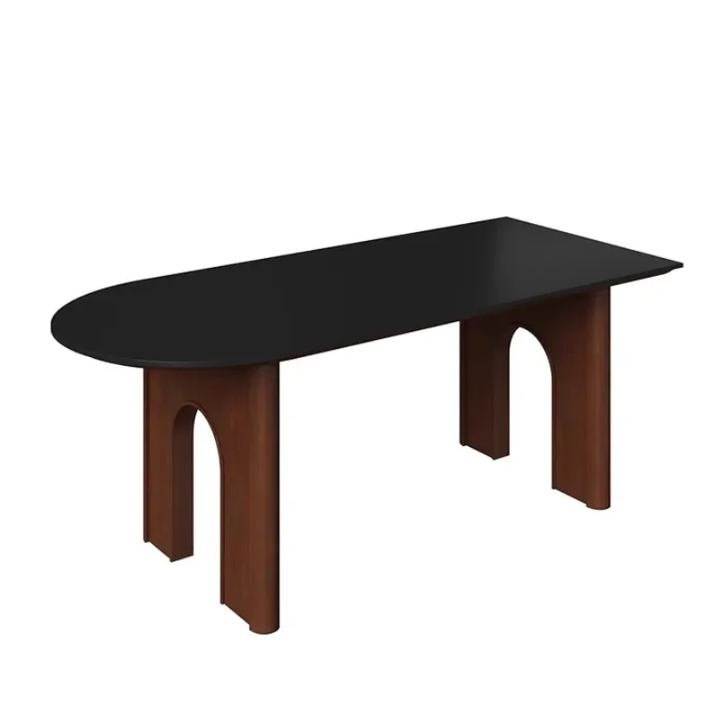

French black rock slab dining table semi-circular home living room