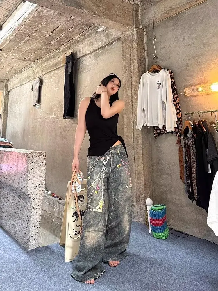 

Американские брюки с цепочкой ярких цветов, джинсы с цифровым принтом для девочек, новые летние модные прямые брюки в корейском стиле