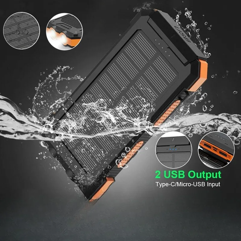 

20000mah Solar Energy Power Bank Waterproof Solar Power Bank Dual USB Charger Lighting Compass for Apple Android Solar PowerBank