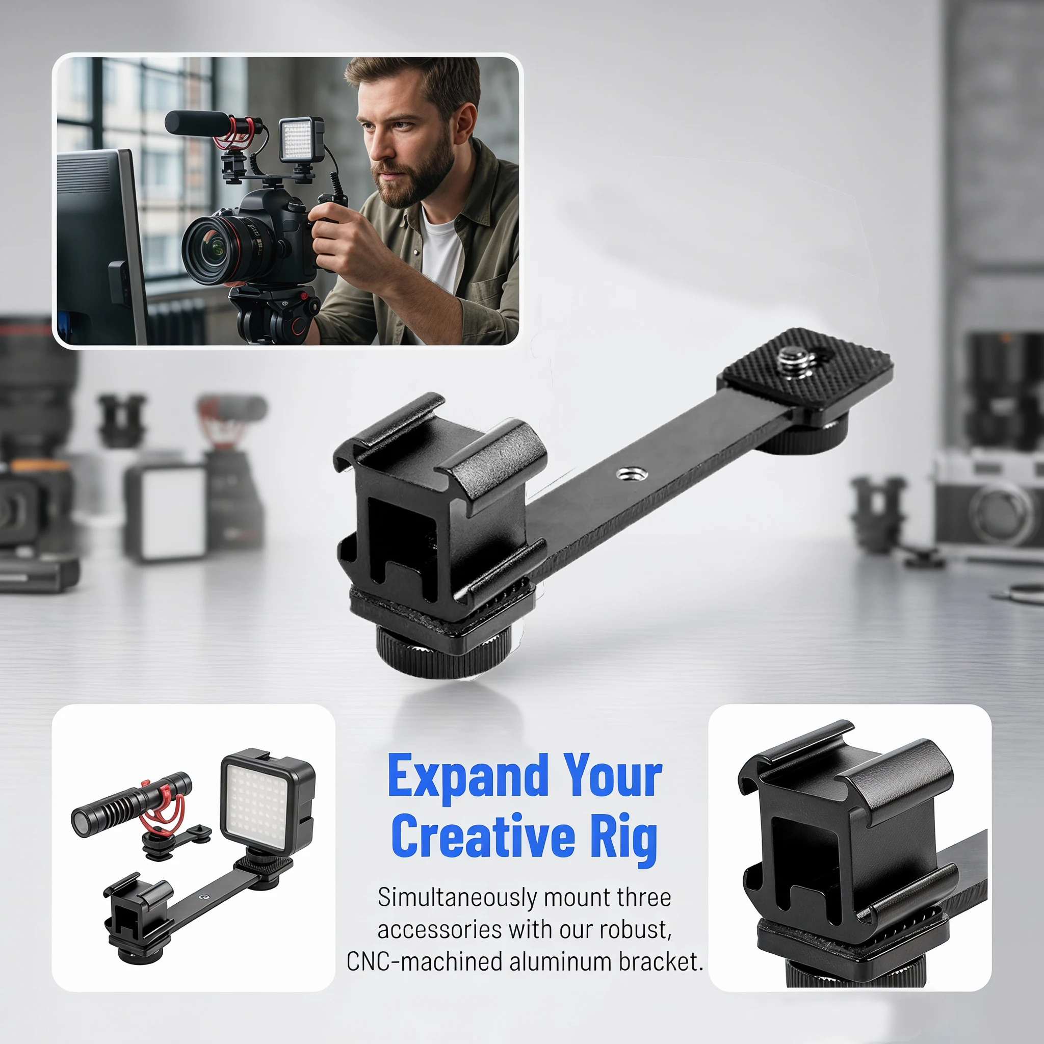 Andoer Cold Shoe Halterung Verlängerungsstange mit dreifachem 1/4 Zoll & 3/8 Zoll Gewinde für Gimbal, Stabilisator, Stativ, Kamera, Blitzlicht