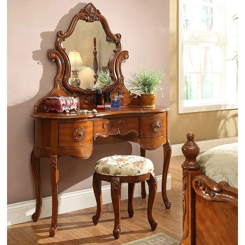 Dressing Table for Small Bedrooms Rustic Vintage Carved Makeup Desk for American and European Style Real Wood Vanity