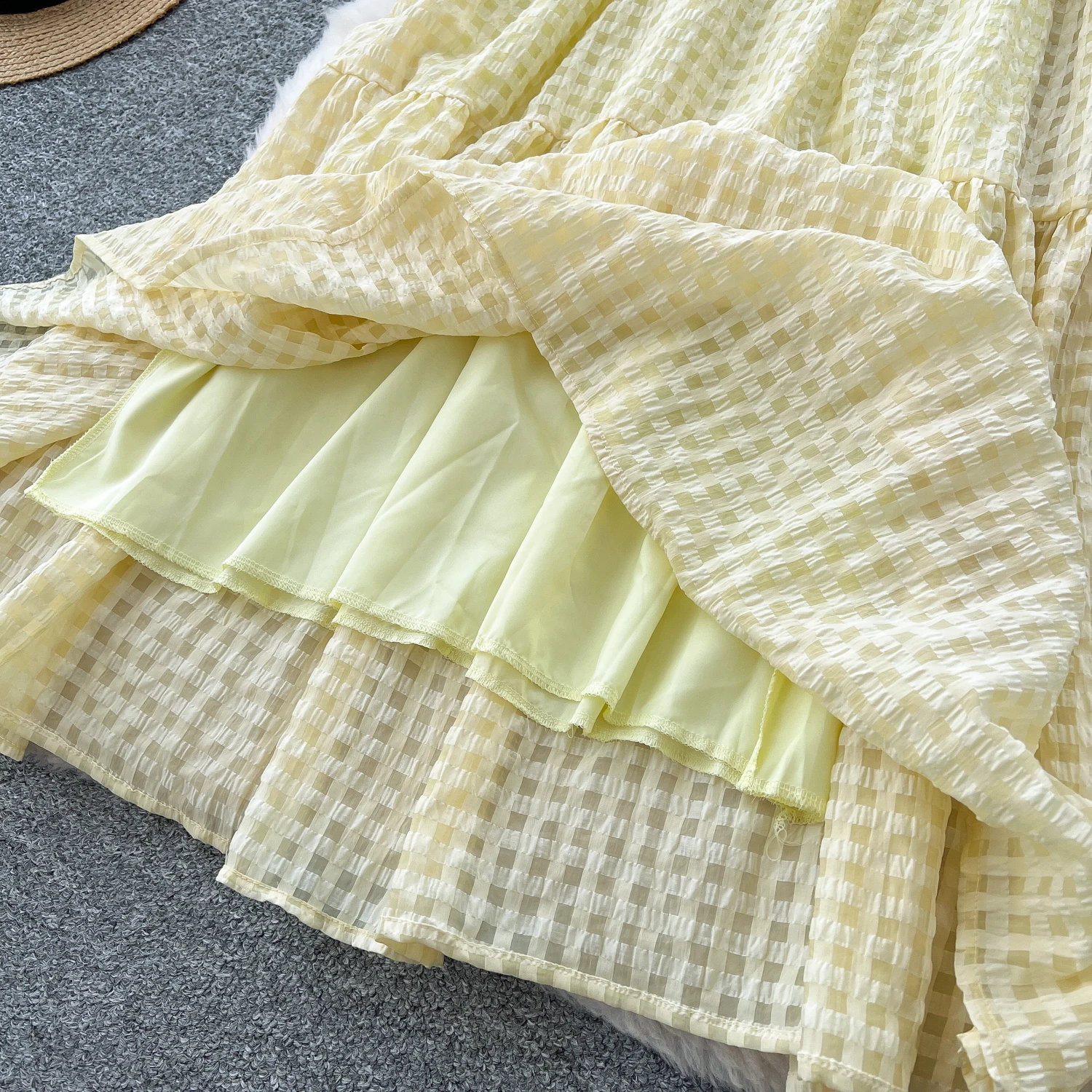 Clothland feminino doce camisa amarela vestido xadrez xadrez sem mangas uma peça feminina bonito midi vestidos mujer qe053