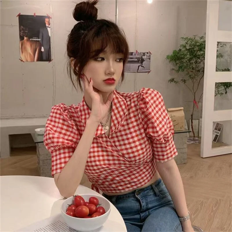 Red Plaid Shirts Women Summer Slim Cropped Vintage Office Lady Casual Short-sleeve Design Hot Daily Korean Style Sweet Clothing