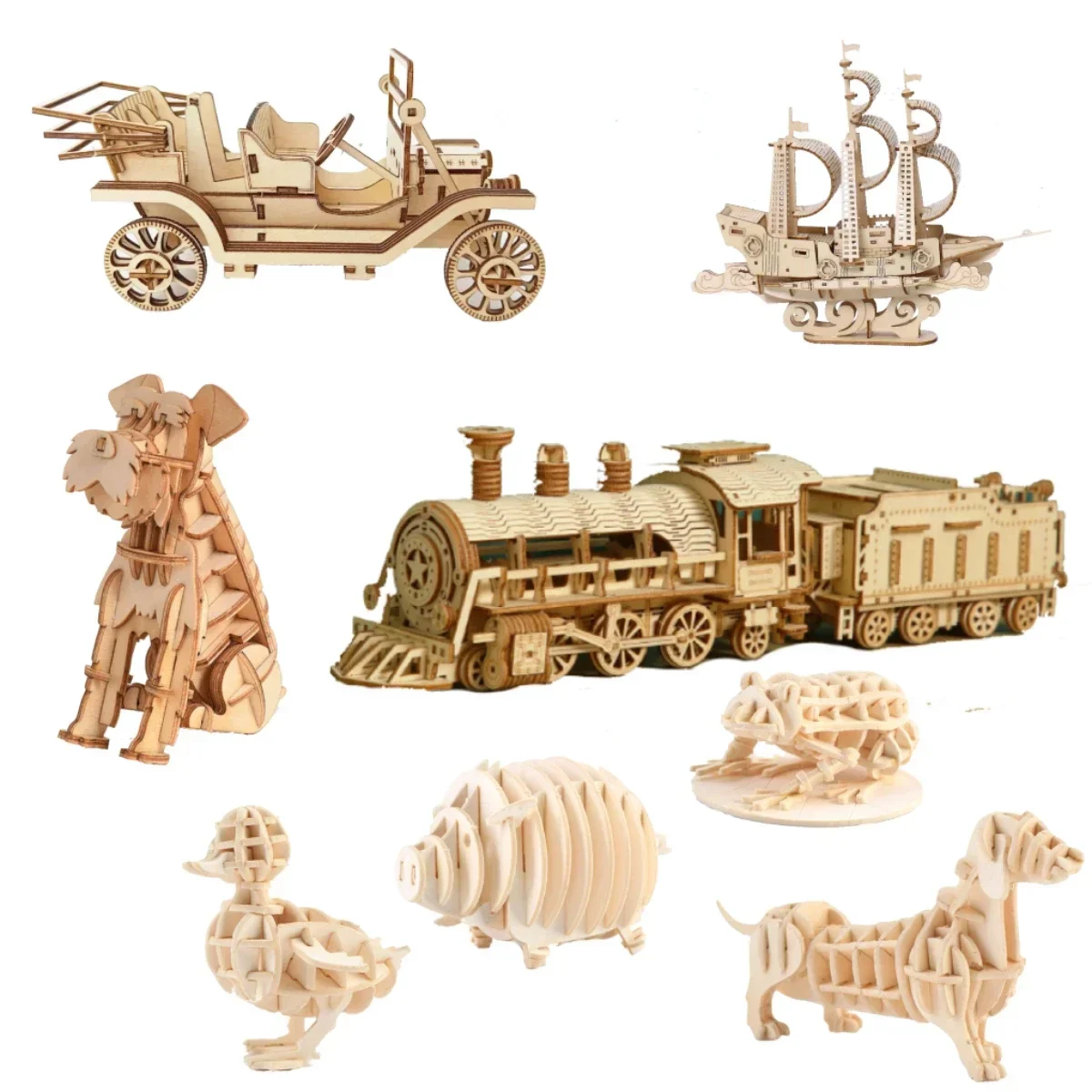 DIY Puzzles Model Toys Assemble Building Blocks Kits Montessori Educational Wood or Paper Train Ship Cars Fish Cat Dogs 3D Gift