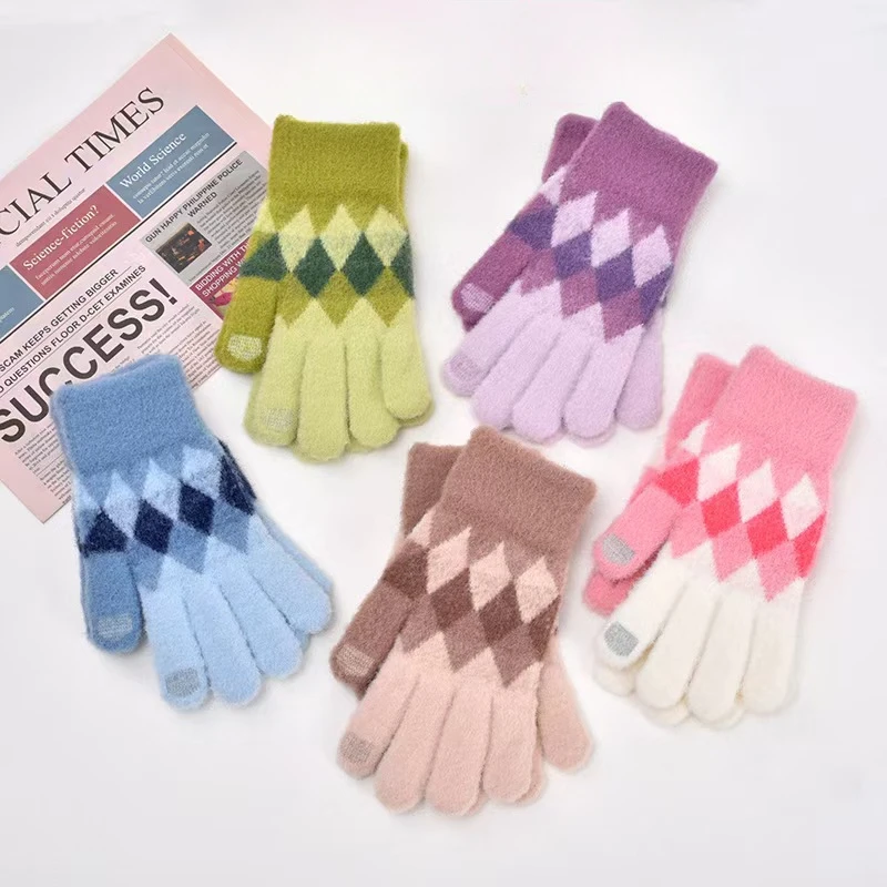 Ladies Winter Touchscreen Gloves Diamond Plaid Fingerless Color Block Warm Knitted Gloves Stylish Couple Gloves for Students
