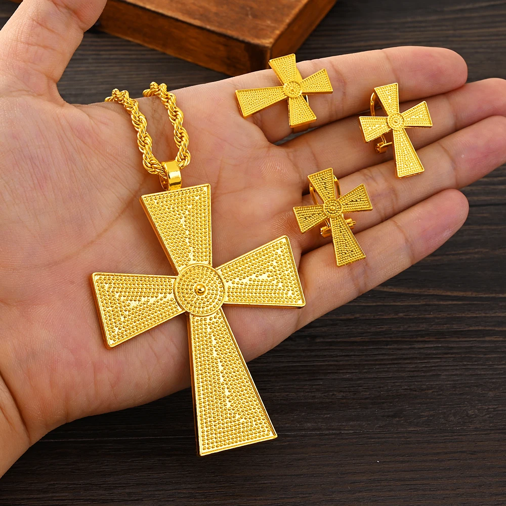 

Nicely 24k Gold Color High Quality Cross Pendant Necklace Earrings Ring Set Women Vintage Arab Africa Jewelry Sets