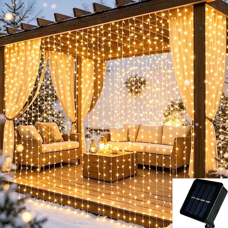 Outdoor Solar Curtain Light 6x3M 600Leds Holiday Decorations Garland 8 Modes Halloween Christmas Party Decor String Lights