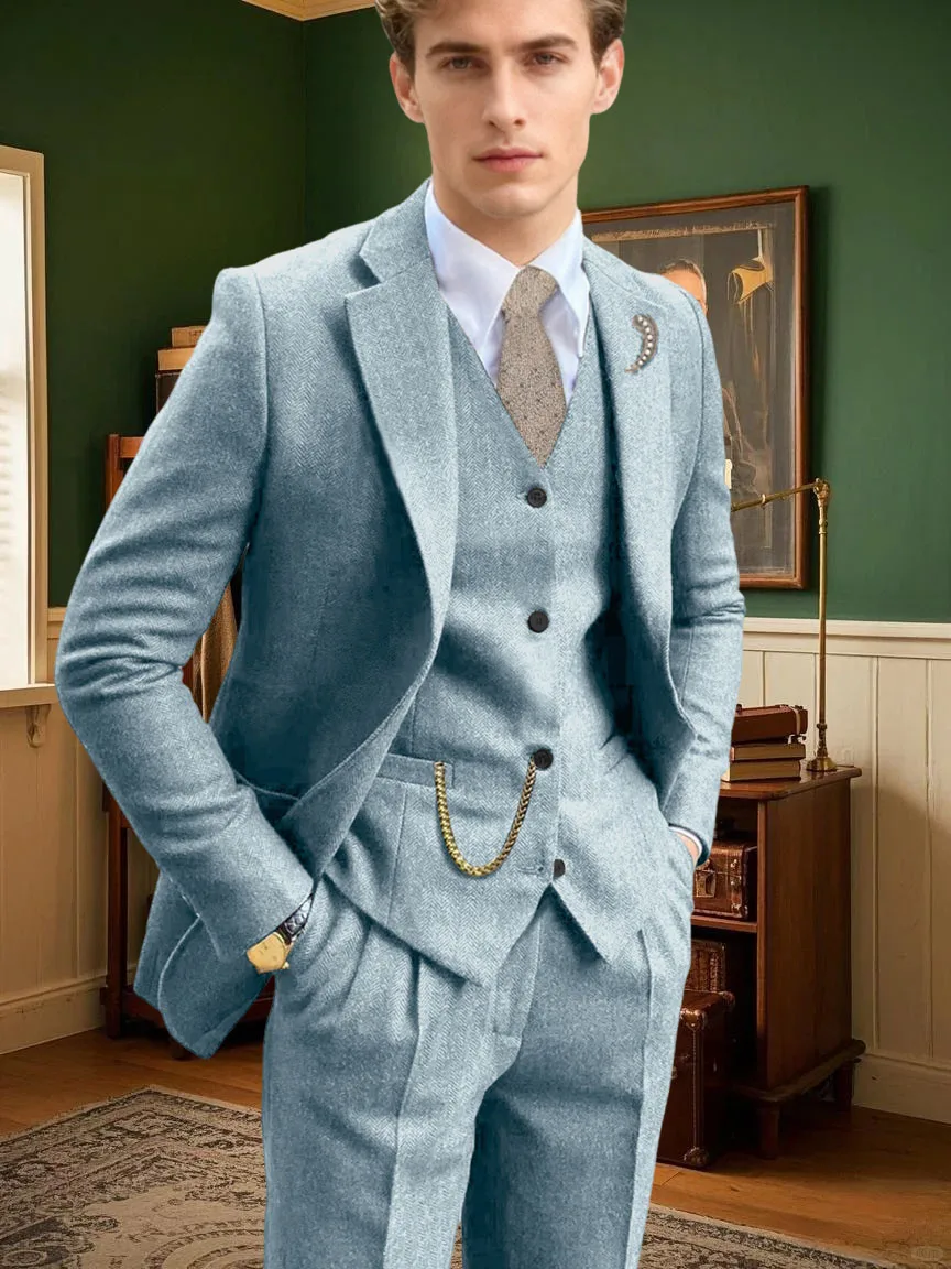 طقم بدلة رجالي مكون من 3 قطع بلون سادة من التويد متعرج طقم بدلة ضيقة واحدة الصدر بدلة العريس للأعمال سترة وسراويل #3