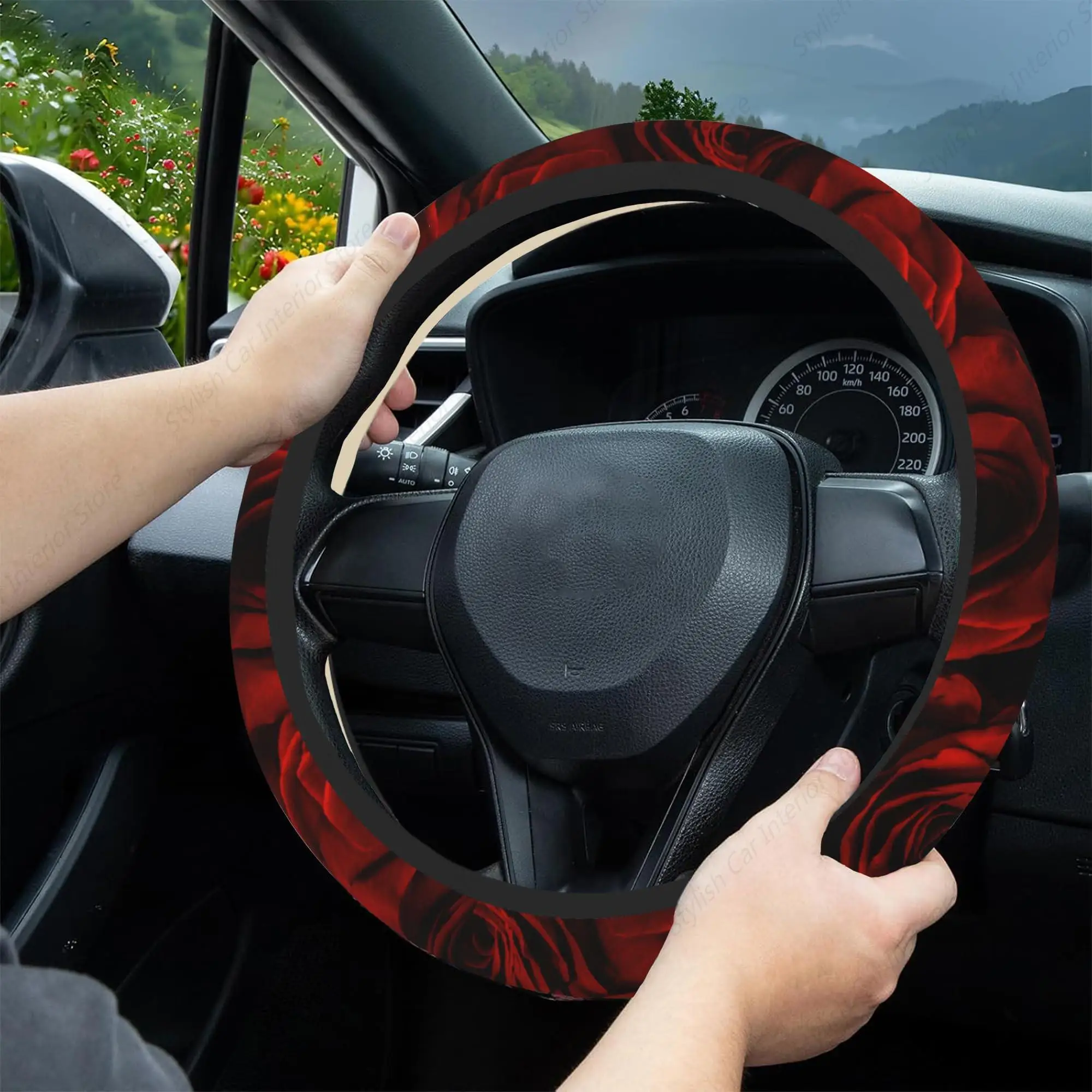 Red Roses Steering Wheel Cover, Elastic Non-Slip Steering Wheel Protector,Auto Interior Decor for Women Girls image 4
