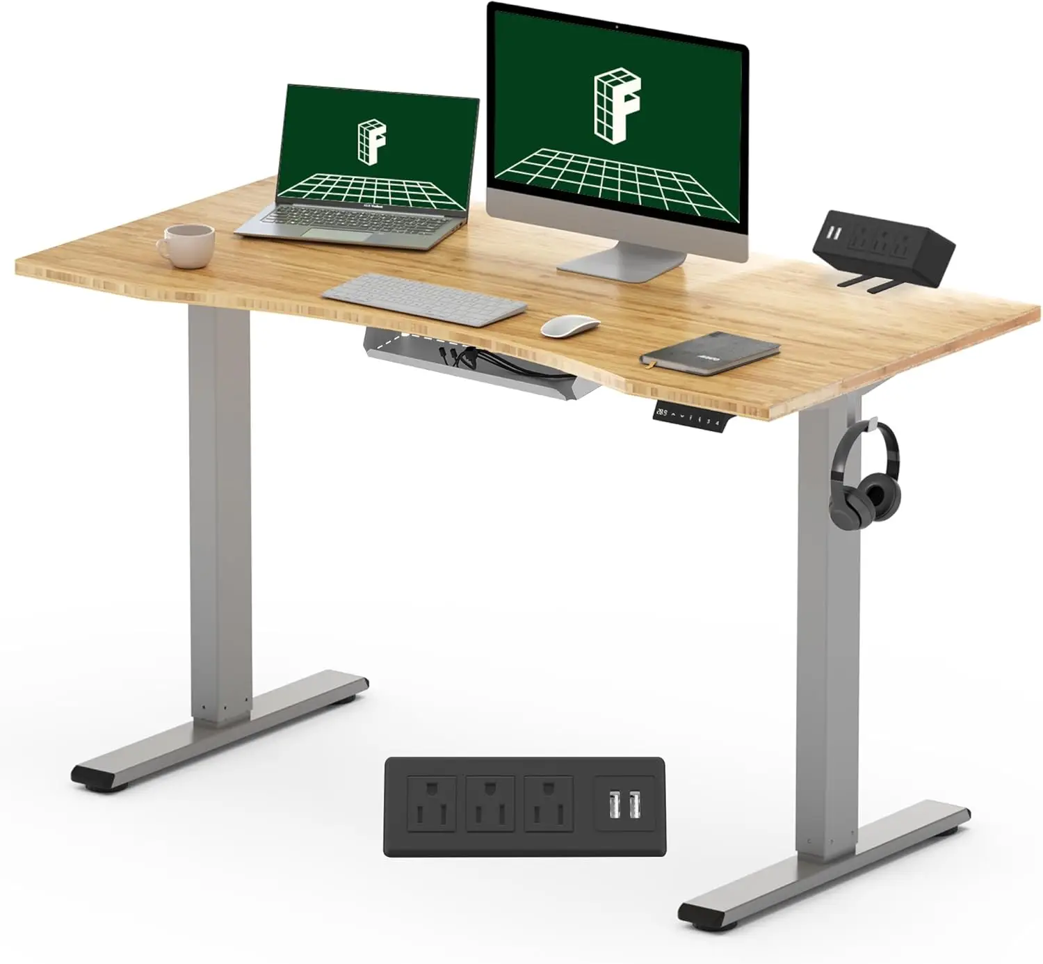 FLEXISPOT EN2 Bamboo Standing Desk 48 x 24'' Whole-Piece Curved Natural Bamboo Desktop Sit Stand Up Desk with Desk Clamp