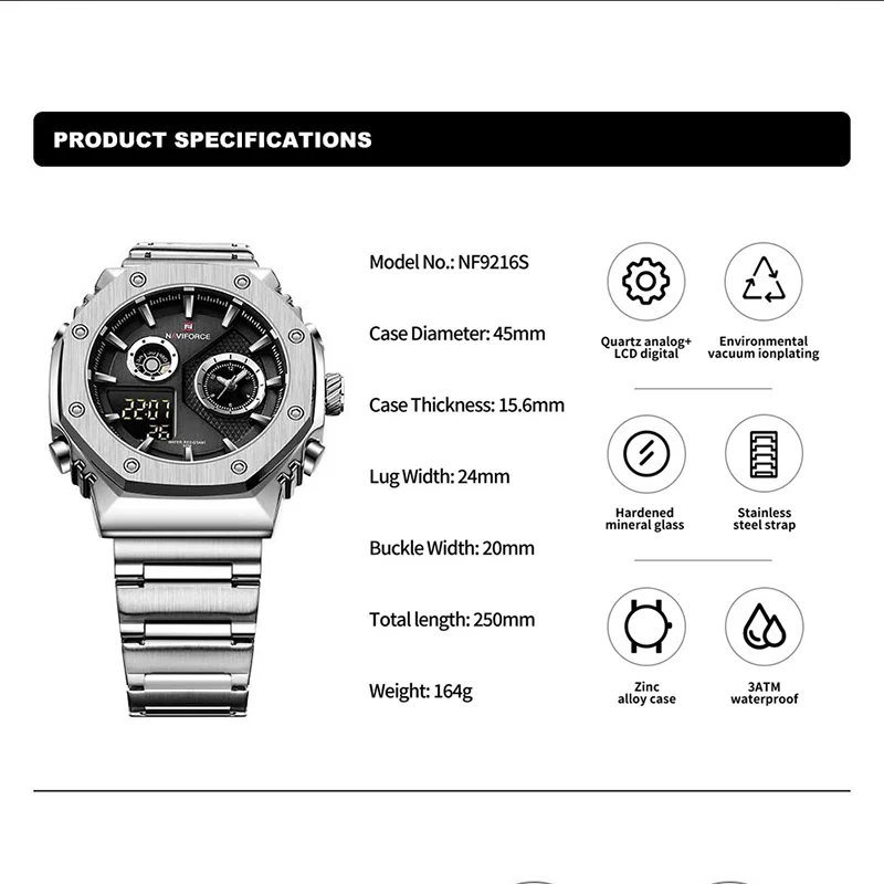 NAVIFORCE Brand Luxury Watches For Men Waterproof Fashion Sport Quartz Wristwatch Stainless Steel Strap Relogio Masculino 9216S