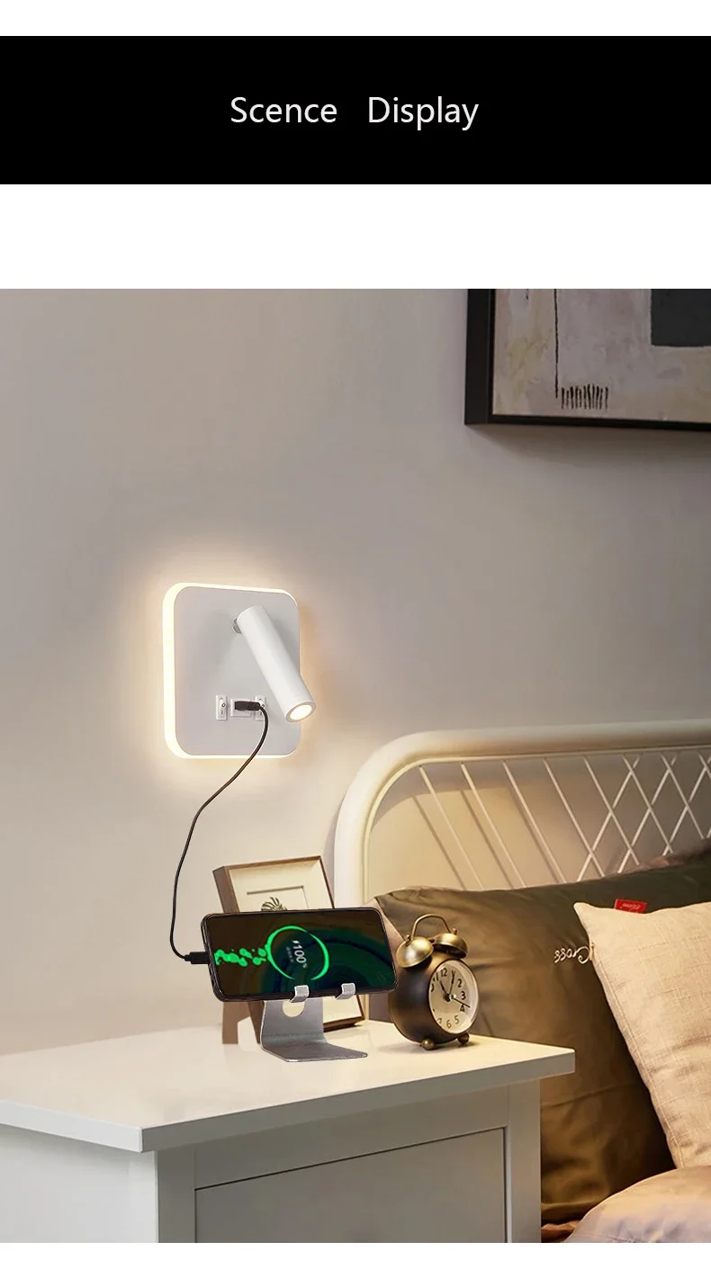Modern Minimalist Led Wall Lamp USB Charging Indoor Bedroom Lamp Hotel Bedside Reading Lamp Wall Lights Sconce Switch AC 90~240V