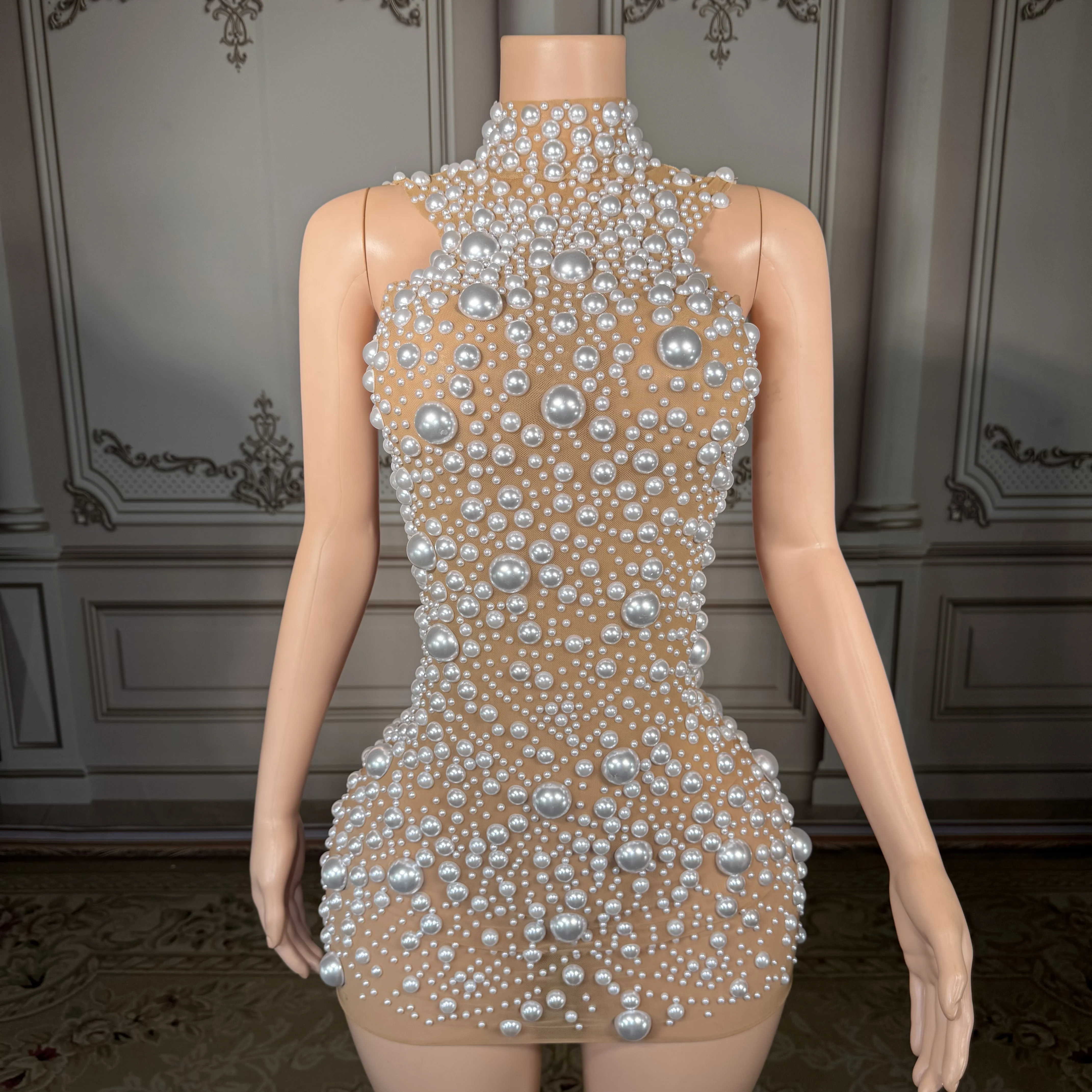 ZD Elegante A-lijn Satijnen Avondjurk Zuiver Witte Parels Naakt Mesh Trim Rode Loper Mode Outfit voor Zomer Sexy Nieuw Ontwerp