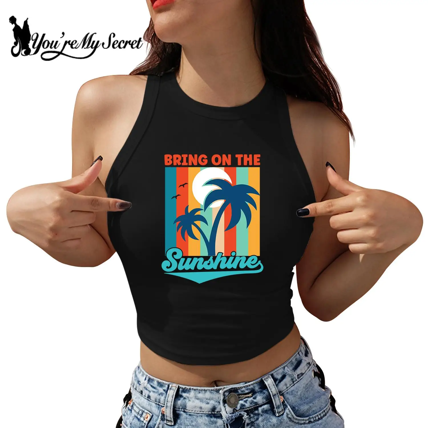 [You're My Secret] Summer Funny Print Women Sexy Crop Top Shirt Hawaii Sea Beach 3D Print Sleeveless Slim Tank Tee Y2K Clothes